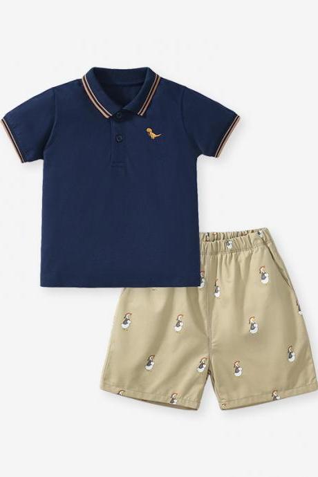 Little Maven Summer Boys' Short-sleeved Suit Pure Cotton Polo Shirt Printed Shorts Children's Two-piece Set